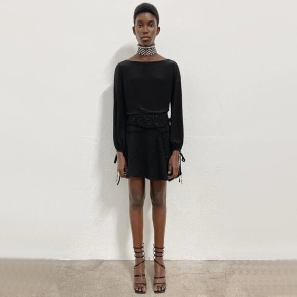 NWT Zara black textured sequin & semi-sheer frayed mini skirt, M - Picture 1 of 13